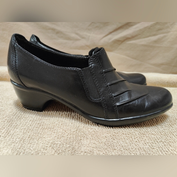 Clarks Shoes - Women's Clark's Partridge Black Leather Heeled Slip On Loafers Booties, …